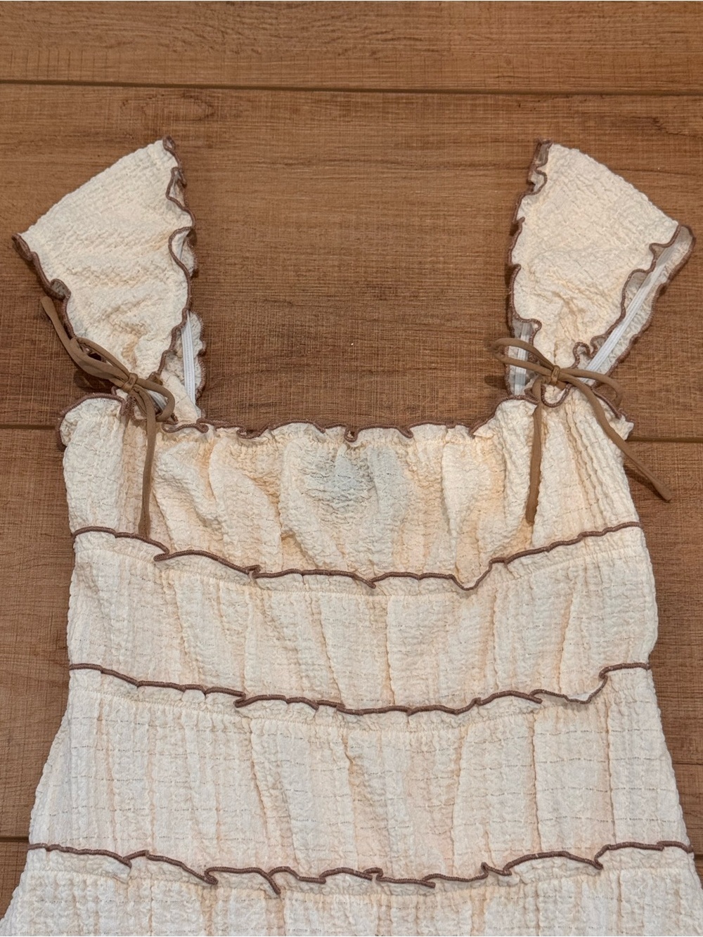 MAJORELLE Ivory Textured Brown Trim Tiered Ruffle Mermaid Maxi Dress XS - Picture 5 of 8